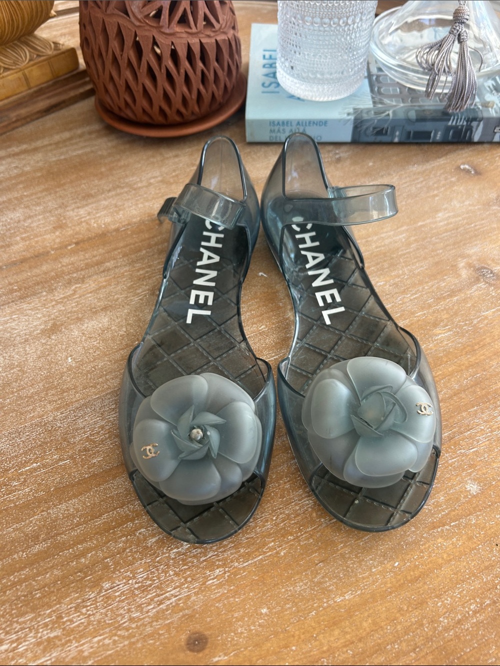 CHANEL Light Blue Jelly Camellia Slingback Sandals
